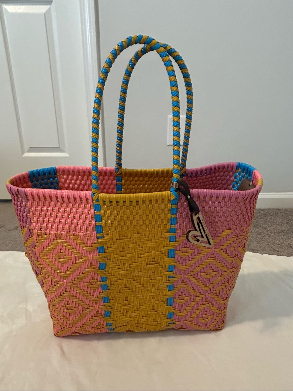 Maria Victoria artsy handwoven Pink and Mustard Tote Bag with Blue Accents